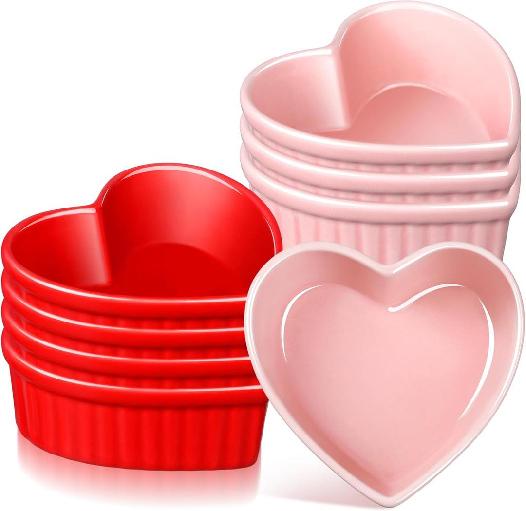 8 Pcs Heart Shaped Ramekin Creme Brulee Ramekins Oven Safe 3.54 x 3.54 x 1.57 Inch Heart Shaped Bowl Small Baking Ceramic Ramekins Dishes for Souffle Snacks Quiche Sauces(Pink and Red)