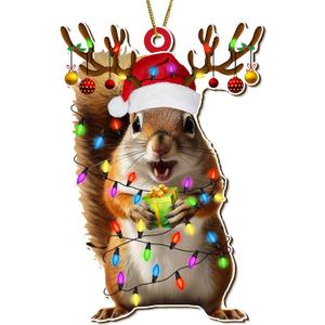 Santa Squirrel Christmas Tree Keepsake Ornaments, Funny Squirrels Themed 2 Side Printed Flat Wooden Ornament, Xmas Hanging Decor