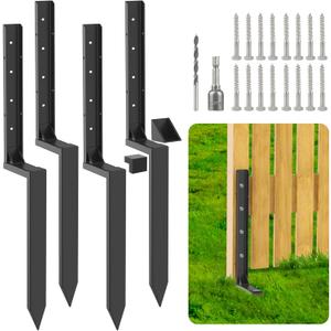 4 Pack Reinforced Fence Post Repair Kit - 41 Inch, Black Stainless Steel Garden Stakes with Reinforced Corner Brackets and Anti-Rust Coating