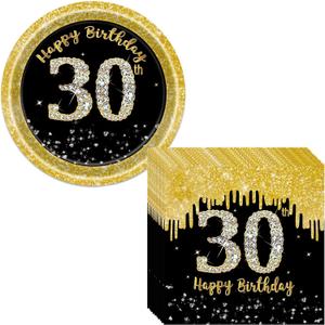 Happy 30th Birthday Plates and Napkins Party Supplies, 16pcs Plates and 20pcs Napkins 30th Birthday Party Tableware Decorations for Women Black and Gold