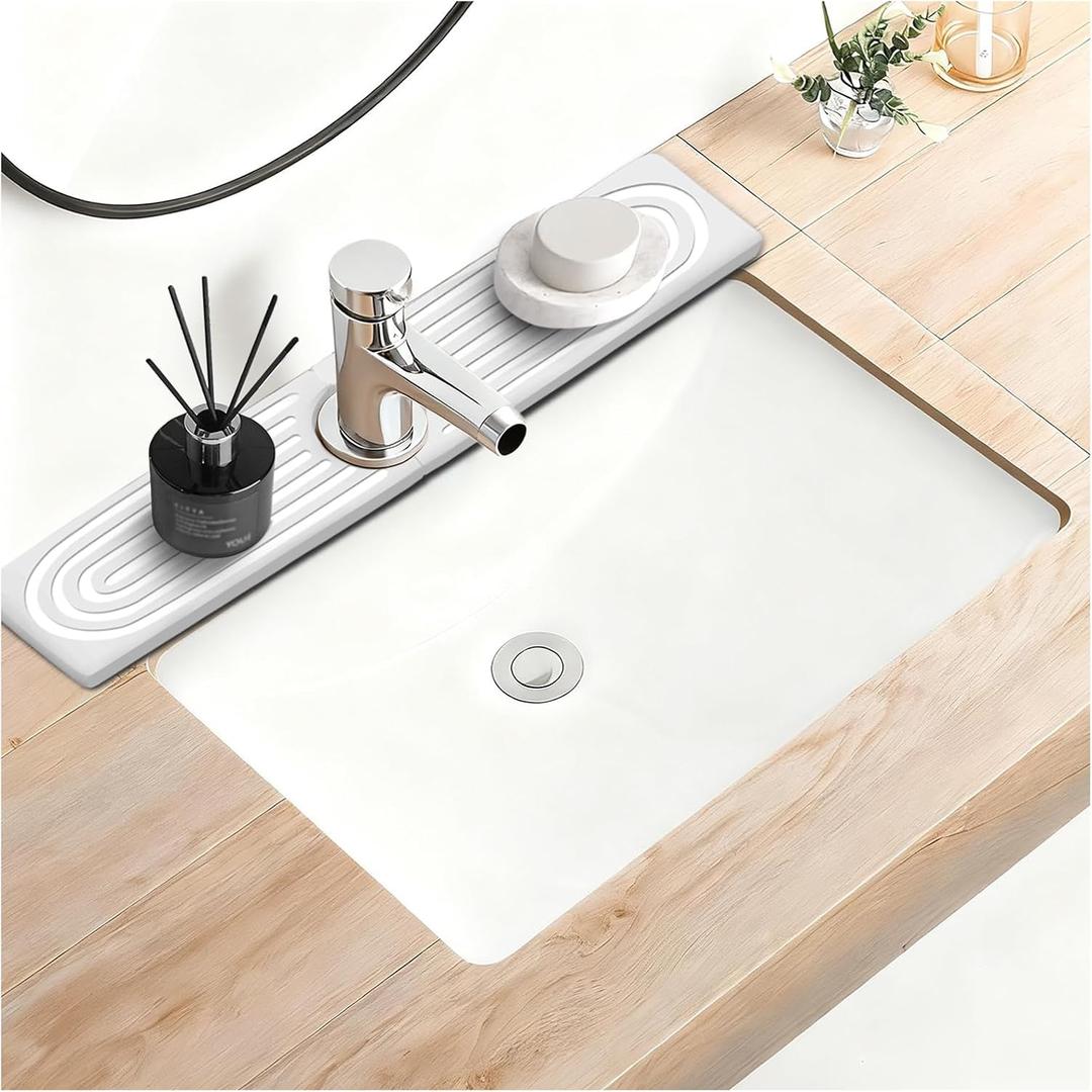 Diatomite Faucet Mat for Kitchen Sink, 23.6 Stone Drying Mat for Kitchen Counter,Super Absorbent Quick-Dry Stone Tray Guard,Splash Guard & Bathroom Counter Protector Prevents Moisture Buildup (White)