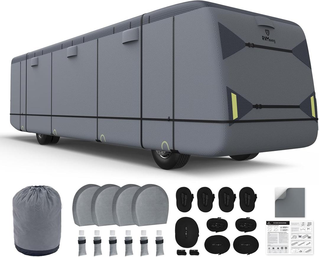 RVMasking Class A RV Cover, 34'1"-38' Heavy Duty 7 Layers Top Class A Motorhome Cover with 4 Tire Covers, Windproof Rip-Stop Anti-UV Camper Cover, Dark Gray