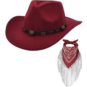Cowboy Hat with Fringed Bandana Set for Women Wide Brim Western Cowgirl Hat Paisley Head Wrap Scarf