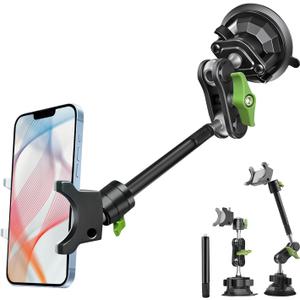 HEMMOTOP Suction Cup Car Phone Mount, 12 in Heavy Duty Metal Cell Phone Holder for Windshield, 360° Rotation Vacuum Magic Arm for iPhone All Smartphone & Cars Truck