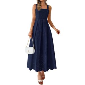 PRETTYGARDEN Womens Sleeveless Maxi Summer Dresses 2026 Hollow Out Eyelet Square Neck Ruffle Flowy Beach Vacation Sundress (XX-Large, Navy Blue)