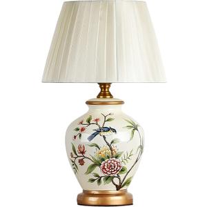 American flower and bird hand-painted ceramic table lamp bedside lamp new Chinese modern bedroom study hotel villa bedside lamp fabric lampshade Chinese home decoration ornaments ceramic table lamp