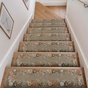 OJIA Floral Stair Treads Non-Slip Stair Runners for Wooden Steps Indoor 15PCS 30"x8" Carpet Stair Treads Mats Staircase Step Treads for Kids, Elders and Dogs, Stair Covers, Brown