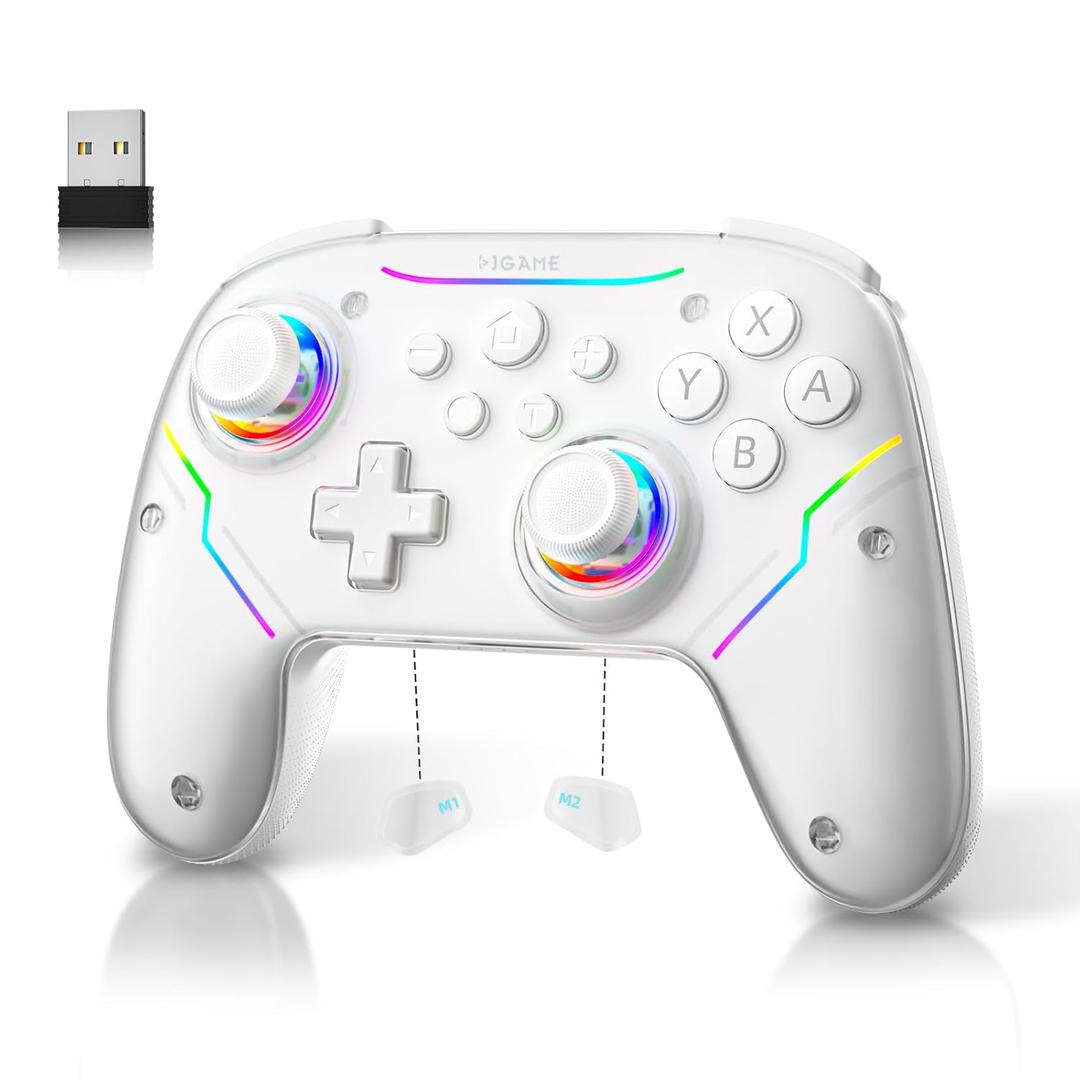 EJGAME Wireless Controller Compatible with Switch/Switch 2/Windows PC/Steam Deck/Android, Switch Pro Controller with Hall Effect Joysticks and Triggers,with USB Bluetooth Adapter for PC (White)