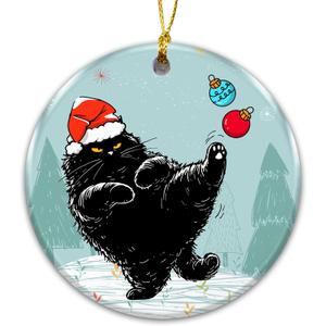 Funny Black Cat Christmas Ornament 2025 with Santa Hat Kicking Ornaments  Humorous Gift for Cat Lovers, Pet Owners, and Animal Humor Fans  Ceramic Christmas Tree Decoration Keepsake