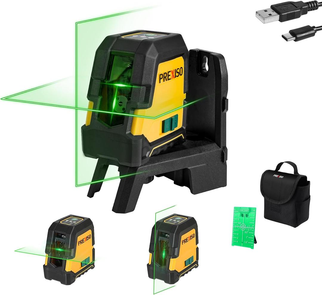 PREXISO Laser Level Self Leveling - 100Ft Rechargeable Cross Line Laser, Green Line leveler Tool for Construction, Floor Tile, Home Renovation with Magnetic Pivoting Base, Target Plate & Carry Bag