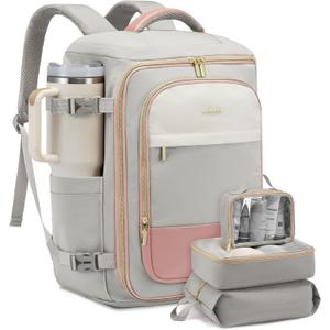 LOVEVOOK Travel Backpack for Women/Men, Personal Item Bag with 3 Packing Cubes Fits 17" Laptop, 50L Travel Backpack Carry on Flight Approved, Water-resistant Carry On Bag for Airplanes (Gray & Pink)