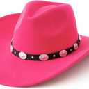 Lanzom Women Men Felt Wide Brim Western Cowboy Hats Belt Buckle Panama Hat (Large-X-Large, Rose)