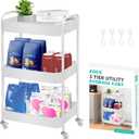 3 Tier Rolling Cart, Metal Utility Cart with 4 Hooks, Rolling Storage Cart on Wheels, Small Organizer Cart for Nursery, Kitchen, Living Room, Bathroom, White
