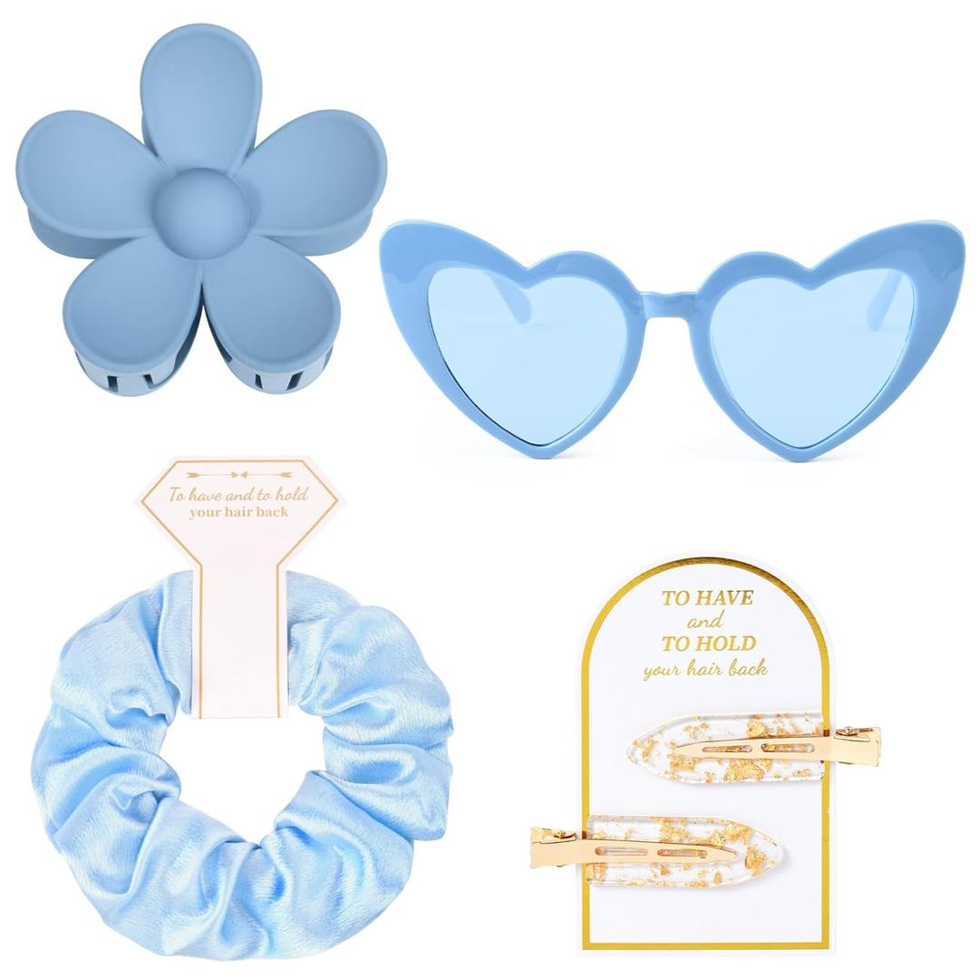4 PCS Bridesmaid Proposal Gifts Bridesmaid Hair Clips Bridesmaid Scrunchies Bridesmaid Sunglasses Bridal Shower Gifts Silk Satin Soft Hair Accessories Bridesmaid Wedding Favor Women Girls(Blue)