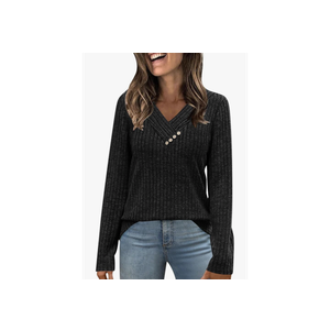 Womens Long Sleeve V Neck Shirts Trendy Loose Fit Flowy Knit Business Tunic Tops Fall Cute Button Down Blouse Clothes Size L