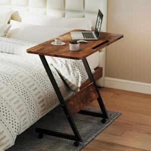 Funecy Overbed Bedside Table with Wheels,Small Desk Portable Rolling,Overbed Table Home Use, Portable Computer Desk,Movable Desk (Rustic Brown), 31.5" x 16" x 29"