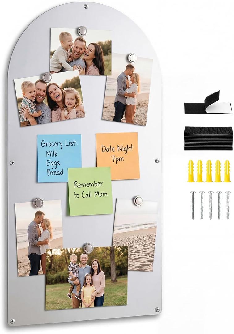 Therwen 30'' x 15'' Magnet Board for Wall Frameless Steel Magnet Bulletin Boards Dry Erase Silver Metallic Magnetic Display Board with Self Adhesive Hook and Loop Strips for Office Home