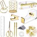 EOOUT Gold Office Supplies Set Desk Accessories, Acrylic Stapler Set Staple Remover, Phone Holder, Tape Holder, Pen Holder, 2 Ballpoint Pen, Scissor, Binder Clips, Ruler, Transparent Glue and Staples.