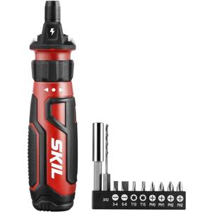SKIL Rechargeable 4V Cordless Screwdriver with Circuit Sensor Technology, Includes 9pcs Bit, 1pc Bit Holder, USB Charging Cable - SD561201, Red