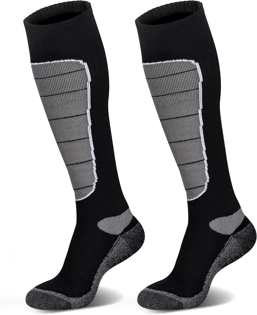 Hylaea Merino Wool Ski Socks, Cold Weather Socks for Snowboarding, Snow, Winter, Thermal Knee-high Warm Socks, Hunting (X-Large, Black Grey (2 Pairs))