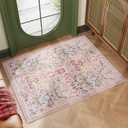AMTOVO 2x3 Washable Entryway Area Rug Door Mat, Vintage Boho Floral Distressed Print Non-Slip Carpet, Small Throw Rug for Indoor Entrance Kitchen Bedroom Bathroom Laundry Floor, Pink