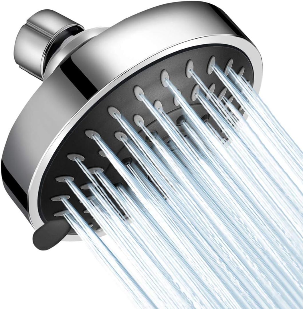 Shower Head 5 Settings Fixed Showerhead 4 Inch High Flow Bathroom Showerhead with Adjustable Brass Ball Joint for Luxury Shower Experience Even at Low Water Pressure (Chrome)
