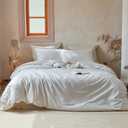 QKTE Striped 100% Washed Cotton Duvet Cover Set Twin Size 2Pcs(1 Comforter Cover&1 Pillowcase), Natural Cotton Bedding Set Soft Breathable Farmhouse Zipper Closure All Seasons(0ff White-Khaki,Twin)