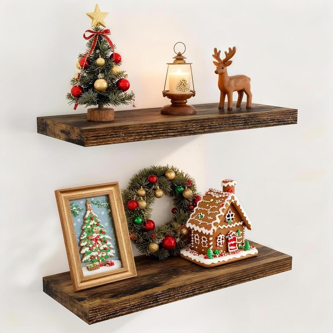 24 Inch Floating Shelves for Wall 2 Pack for Bedroom|Kitchen|Bathroom, Wall Mounted Rustic Wood Shelves, 9.3 Inch deep Floating Shelf with Invisible Brackets for Books|Storage|Decor,Rustic Brown