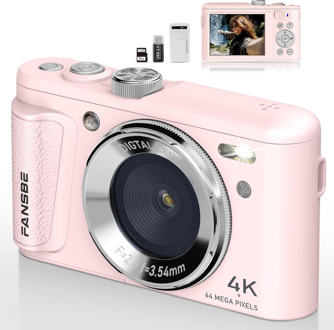 Digital Camera, 4K Vlogging Camera with 64MP, Point and Shoot Digital Cameras with 18X Zoom, Anti-Shake, Mode Dial, 32GB SD Card, Card Reader, Charger, Compact Small Cameras, Pink