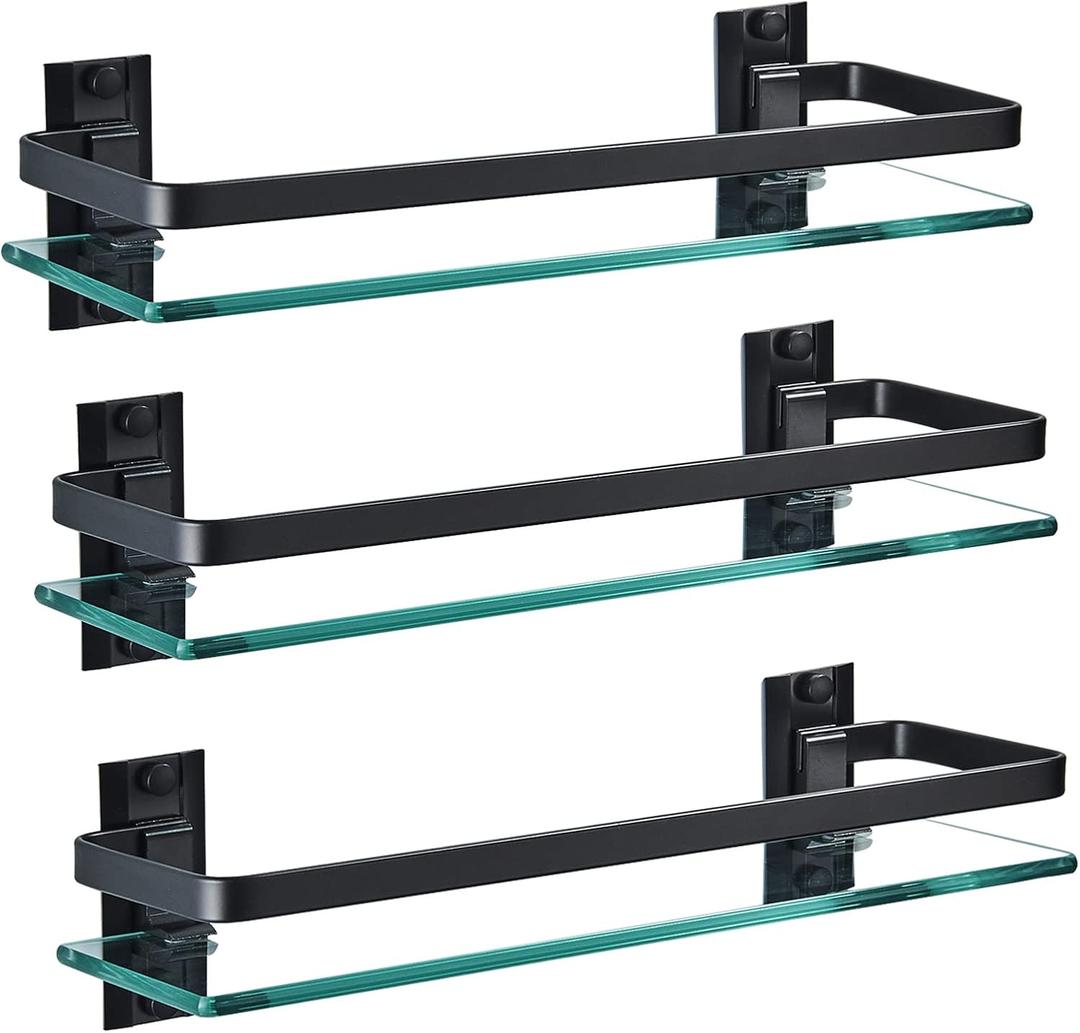 AIJALY 3 Pack Bathroom Glass Shelf, Aluminum Tempered Glass 0.34in Extra Thick Rectangular 1 Tier Storage Organizer Wall Mount, Black 15.7in