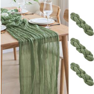 Asee'm 3pcs Cheesecloth Table Runner 120 Inches Sage Green Boho Gauze Cheese Cloth Runner 10FT Rustic Sheer Table Runners for Summer Wedding Baby Shower Holiday Party Decoration