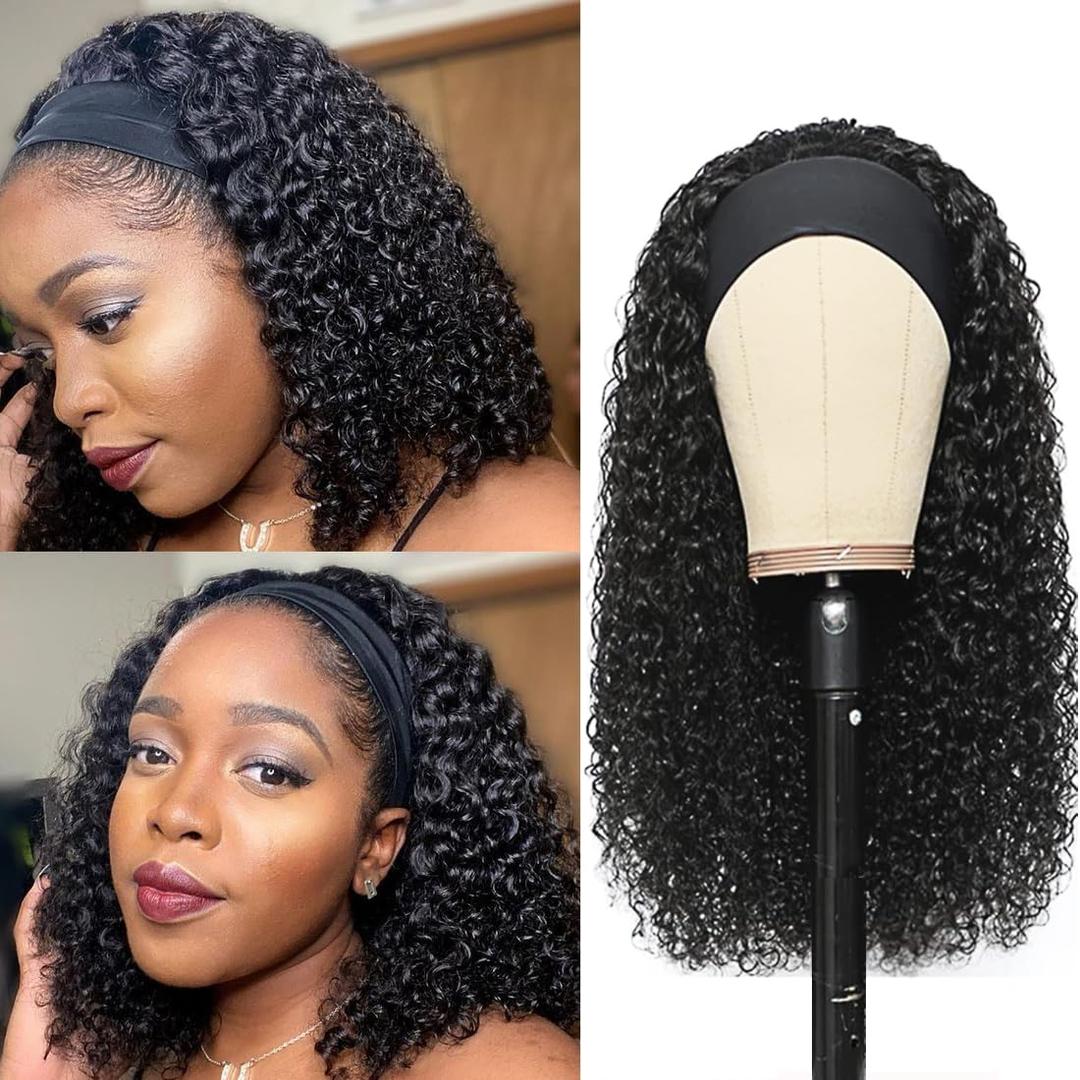 Headband Wig Human Hair For Black Women 14 Inch Wet And Wavy Head Band Wigs Human Hair No Lace Deep Curly Headband Wigs Natural Black Color