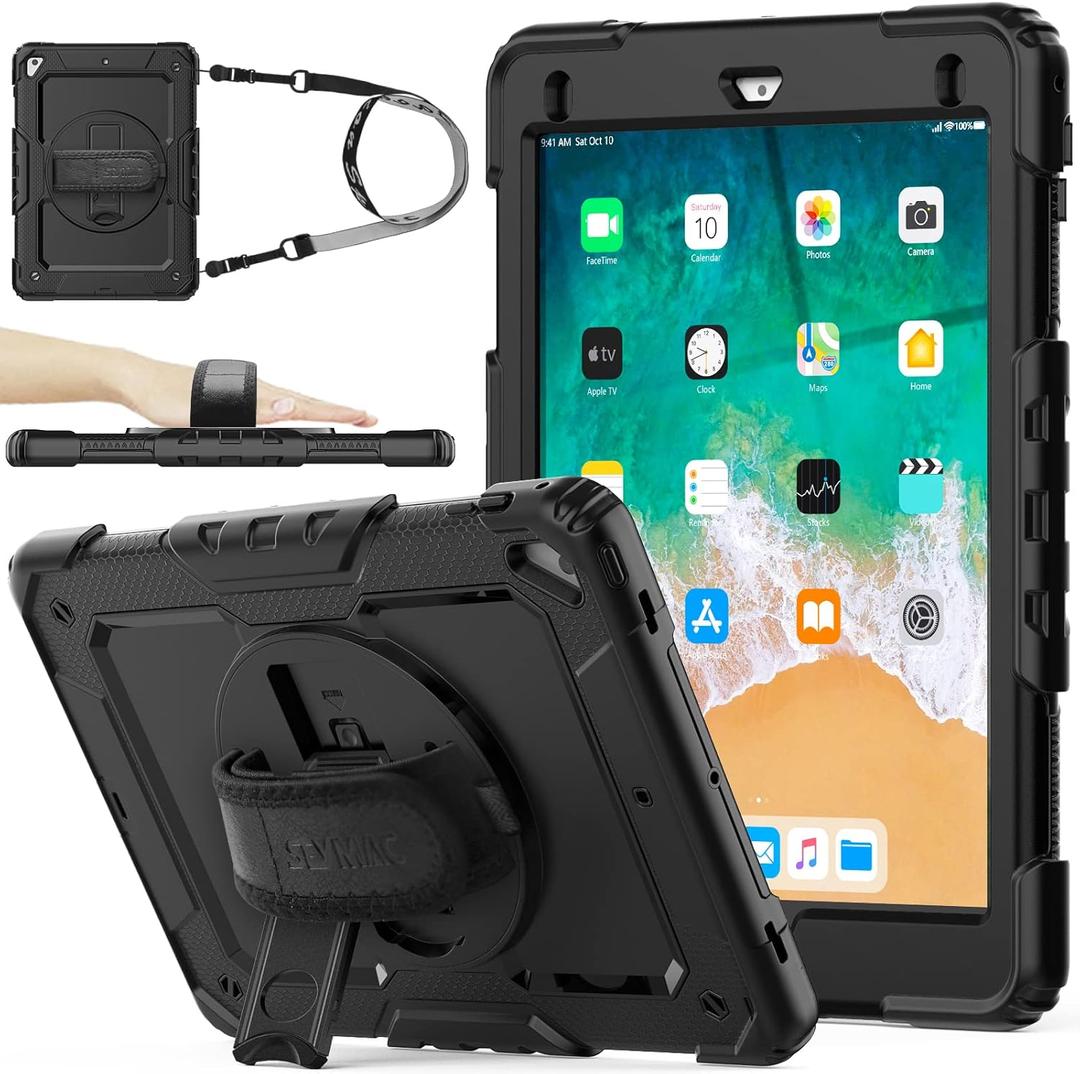 SEYMAC stock Case for iPad 6th / 5th Generation Case/Air 2 / Pro 9.7 inch, Heavy Duty Protective with Screen Protector, with Pencil Holder, Hand Strap, Shoulder Strap, 360 Rotate Stand, Black