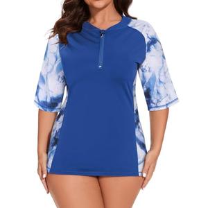 LURANEE Women Plus Sun Swim Shirt Swimwear Loose Fit Short Sleeve UPF 50+ Sun Protection Zip Rash Guard Blue Tie Dye 3XL
