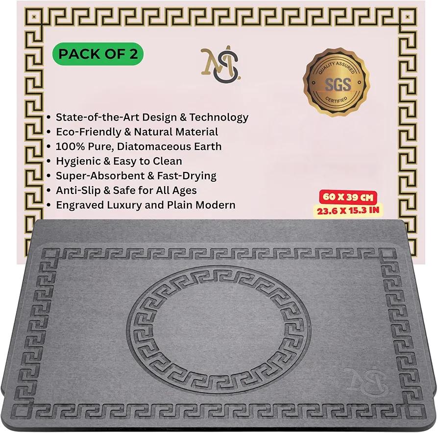 Luxury 2 Pack - One Stone Bath Mat Engraved Luxury + One Plain Modern Dish Drying Mat for Kitchen Counter – Quick-Dry, Easy Clean, Super Absorbent, Non-Slip, 23.6 x 15.3’’, Gray Diatomaceous Earth