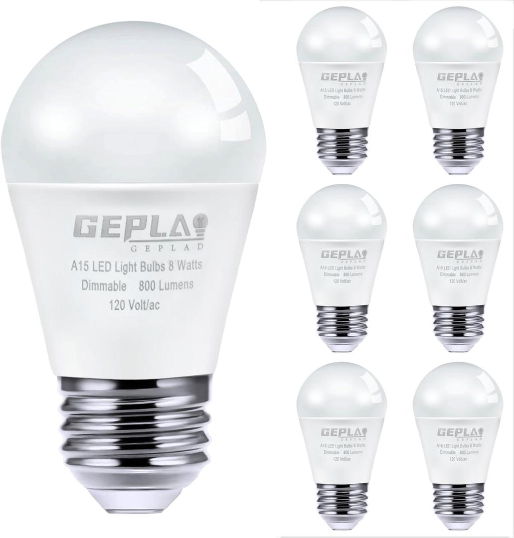 GEPLAD 6-Pack A15 Dimmable LED Light Bulbs, 5000K Daylight White, 800 Lumens, E26 Base, G45 Shape - Perfect for Refrigerator, Pendant Lights & Home Appliances, Energy Saving(60W Equivalent)