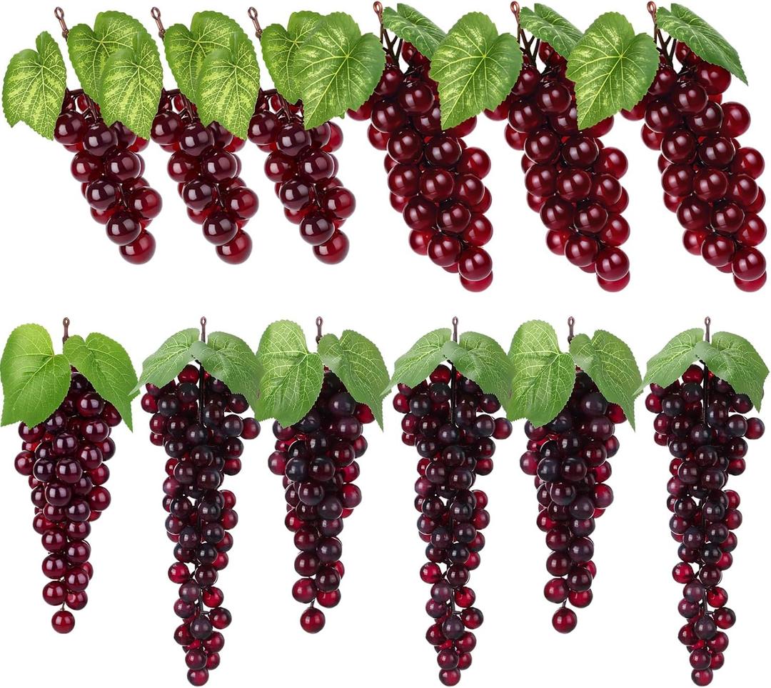 12 Pcs Purple Artificial Grape Rubber Fake Grapes Bunches with Vines Leaves Faux Lifelike Fruits Ornament for Wedding Outdoor Decoration Garden Home (Mixed Style)