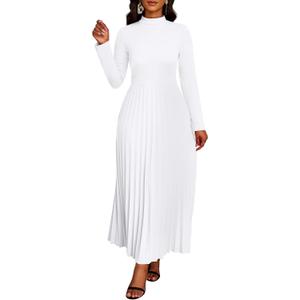Nmoder Maxi Long Dress for Women, Casual Pleated Empire Waist Dresses Crewneck Long Sleeve (White, XL)