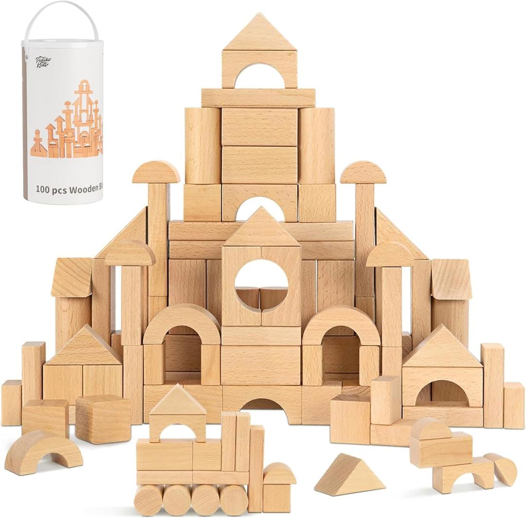Pidoko Kids 100pcs Natural Beech Wood Building Blocks for Toddlers 1-3, Wooden Blocks with Storage Bucket and Shape Sorter Lid Montessori Toys for 1 2 3 Year Old Boys and Girls, Preschool Learning