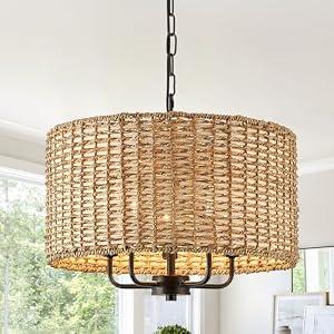 HLMRCHEN 5 Lights Boho Rattan Chandelier with Drum Woven Shade