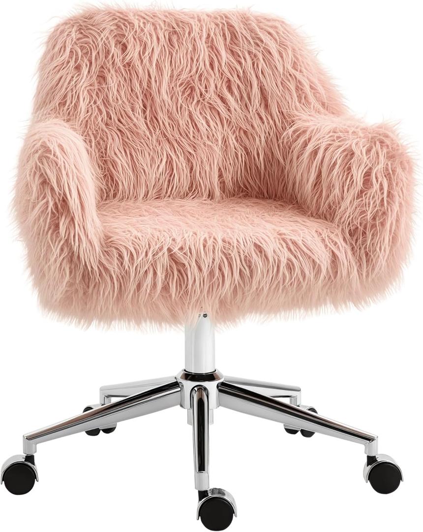 Vinsetto Faux Fur Desk Chair, Swivel Vanity Chair with Adjustable Height and Wheels for Office, Bedroom, Pink
