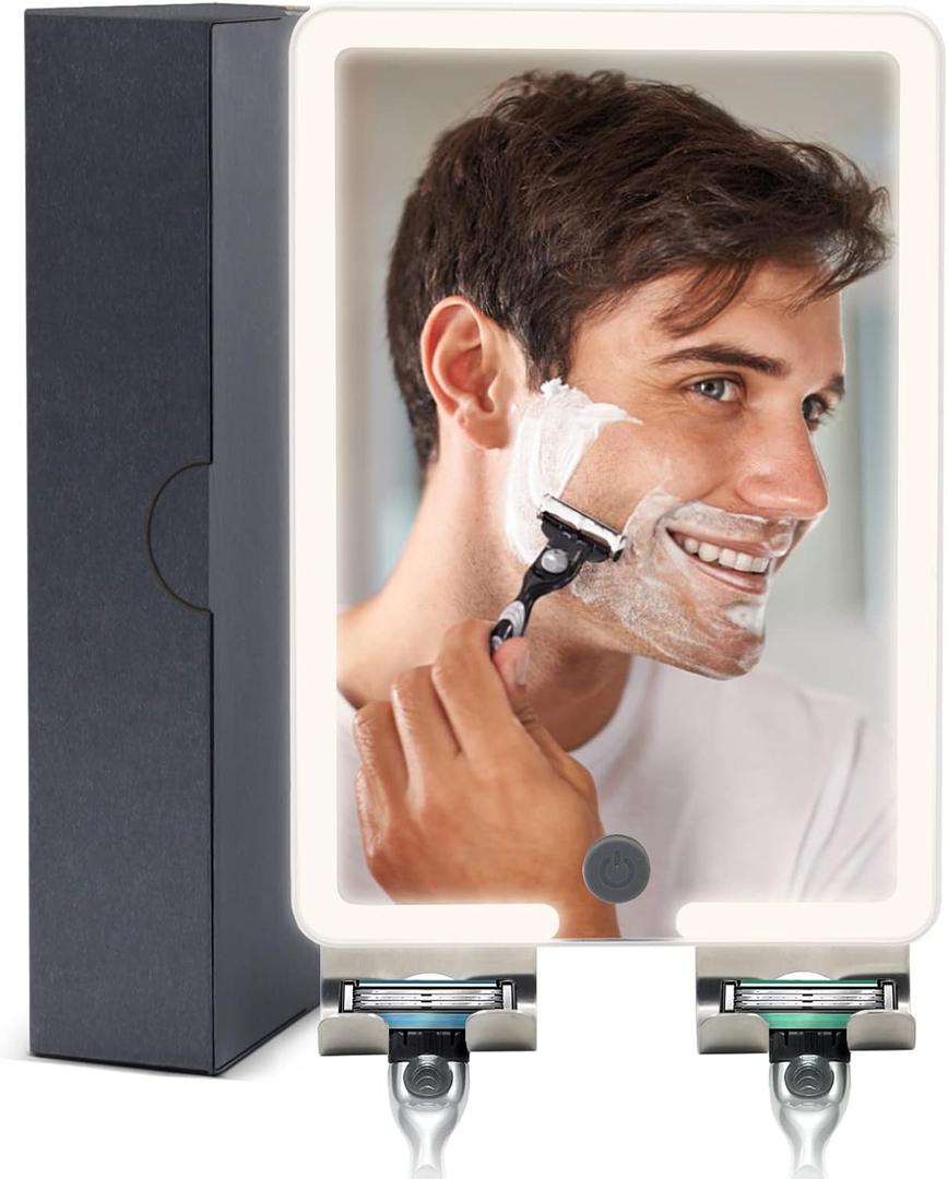 Home Mirror, Heated Shower Mirror for Shaving with Light (7.8x5.3in), Fogless Shower Mirror, Wall Mount, 2 Razor Holders