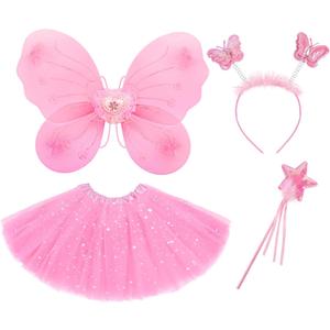 VEKDA 4 Pack Fairy Costume for Girls Butterfly Wings Kids Princess Costume Set with Tutu Skirt,Headband,Fairy Wings and Wand