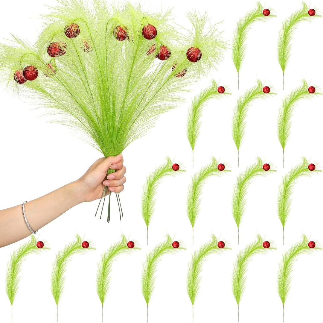 16 Pcs Christmas Tree Topper 17'' Lime Green Curly Tree Picks with Red Ball Xmas Artificial Green Stems for Christmas Home Wreath Craft Decoration Supplies