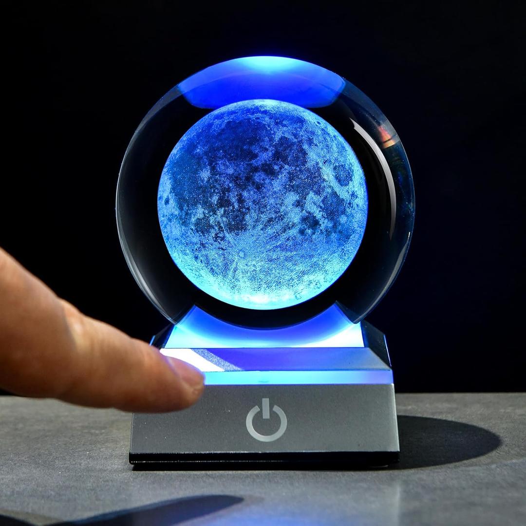 3D Moon Crystal Ball with LED Stand, 80mm Glass Sphere Lamp Night Light, Moon Planet Globe Gifts for Women and Men