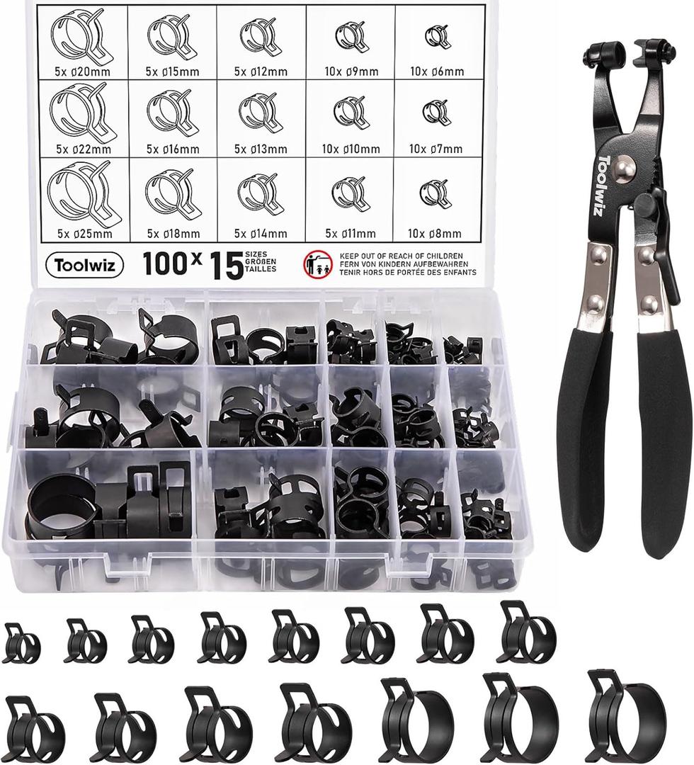 Toolwiz 100Pcs 6-25mm Spring Band Hose Clamp Assortment with Swivel Clamp Pliers, Constant Tension Radiator Hose Clamps, Black Hose Clips for Fuel Line, Silicone Vacuum Hose, Air Tube, Water Pipe