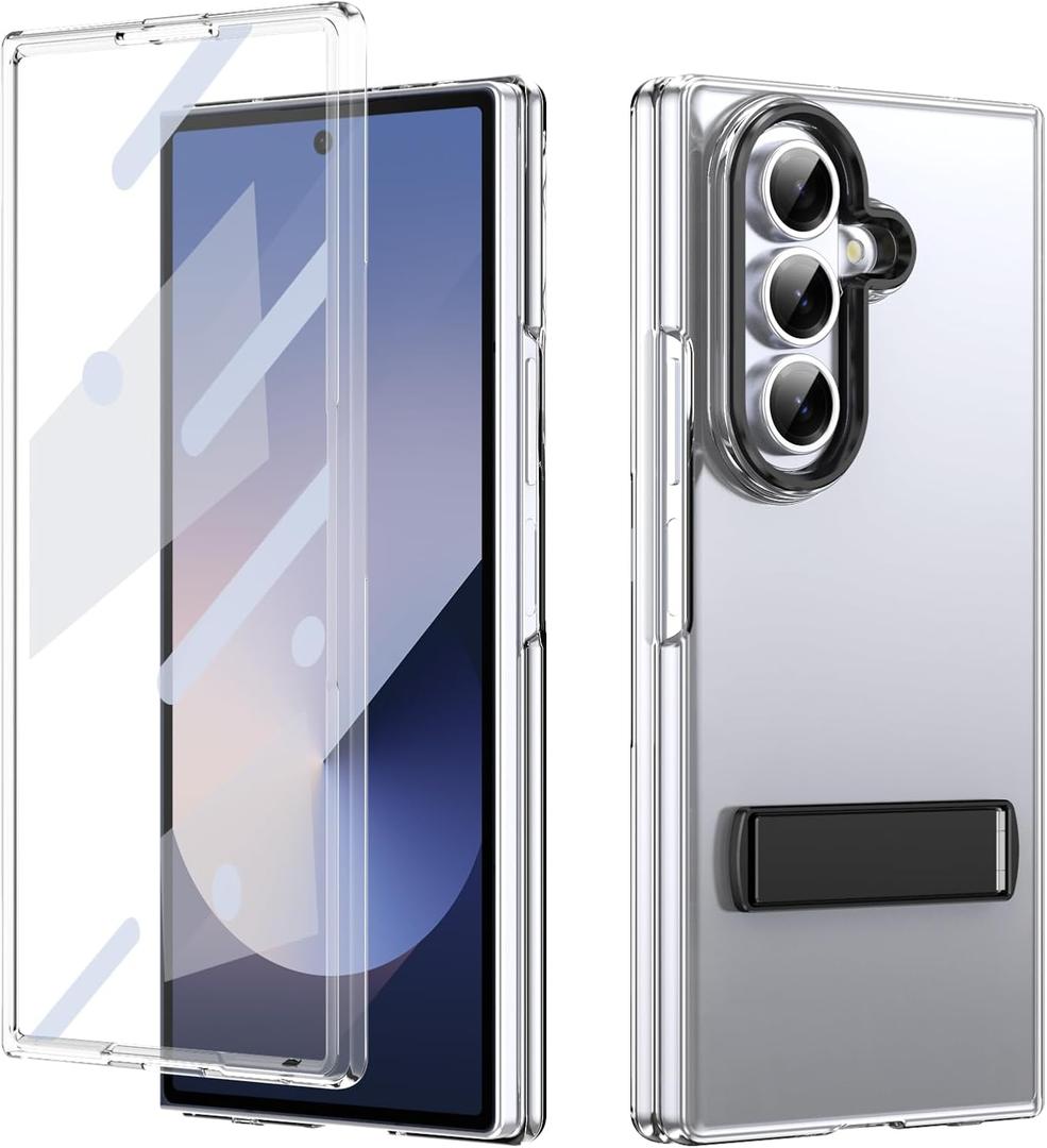 3 x Compatible for Samsung Galaxy Z Fold 7 Case 2025 Built-in Screen Protection Compatible Wireless Charging Slim Silicone Transparent Kickstand Camera Protective Phone Cover Black