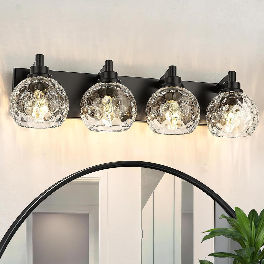 4-Light Black Bathroom Vanity Light, Hammered Glass Globe Shade