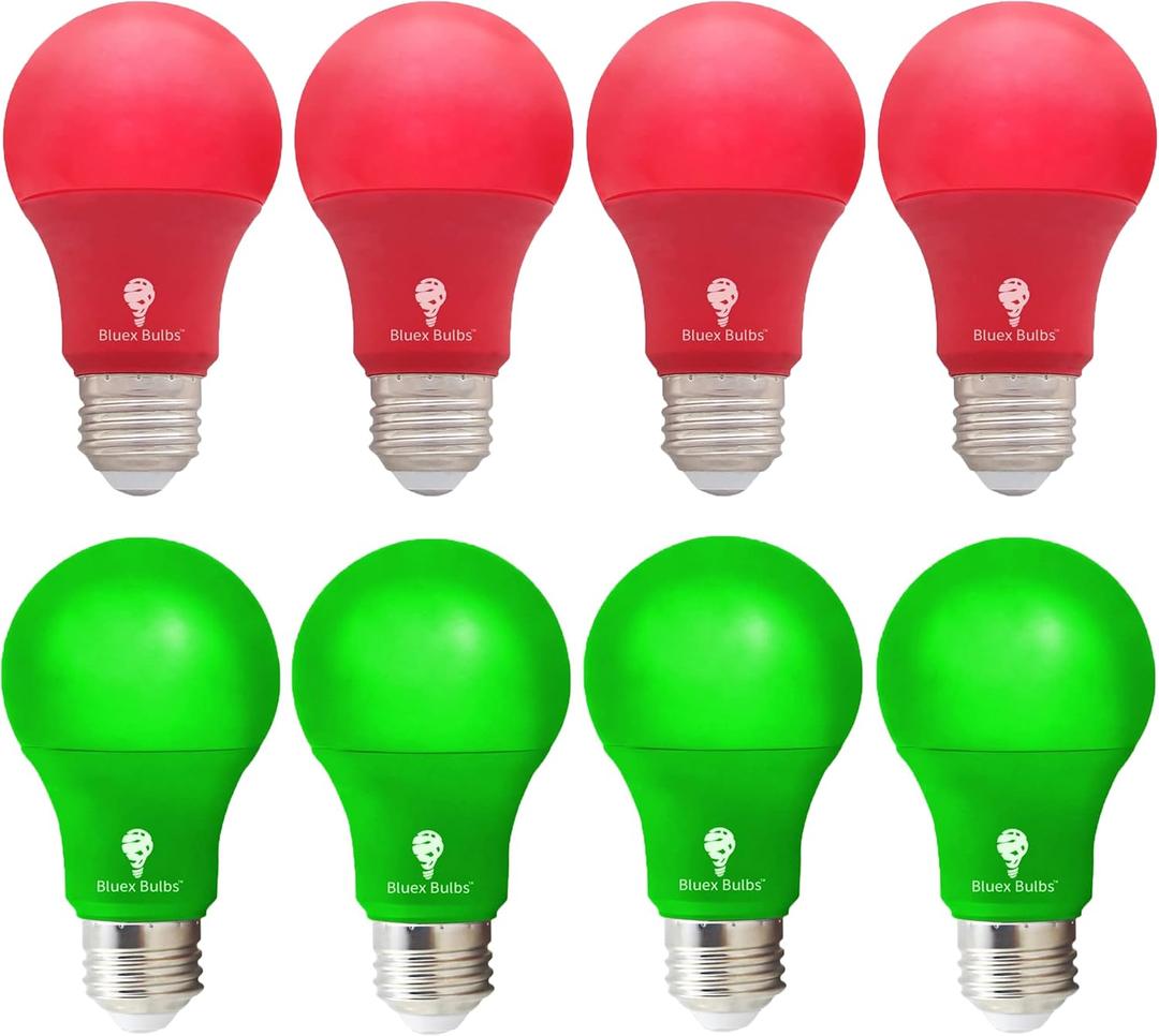 8 Pack A19 LED Red & Green Light Bulb, 120V E26 Base, 9W (60W Replacement), Party Decoration, Porch & Home Lighting, Christmas