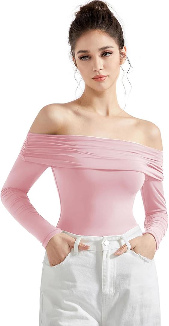 SUUKSESS Women Off the Shoulder Bodysuit Short Sleeve Strapless Thong Body suit (Pink, S)